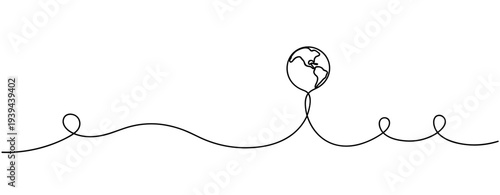 Minimalist earth balloon line art connecting continents with a single continuous line. No editable stroke