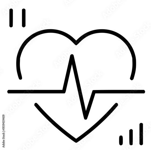 Abstract line art icon depicting a healthy heart with a dynamic electrocardiogram (ECG) pulse line, representing vital signs, medical monitoring, and overall well-being