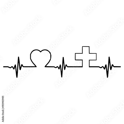 Symbolic heartbeat line art showing a heart and Christian cross, representing the rhythm of life intertwined with love, faith, and spiritual devotion in a continuous graphic design