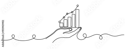 Continuous line drawing of hand holding bar graph with rising line trend. No editable stroke
