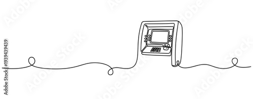 Continuous line drawing of atm with connected cord. No editable stroke