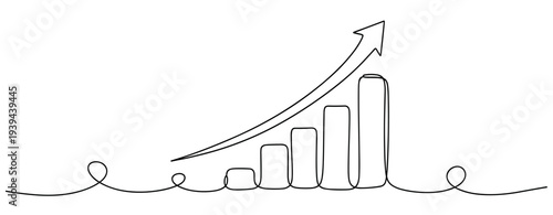 Continuous line drawing of growth chart with upward arrow representing business success. No editable stroke