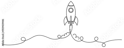 Minimalist one-line drawing of rocket launch with curved trail. No editable stroke