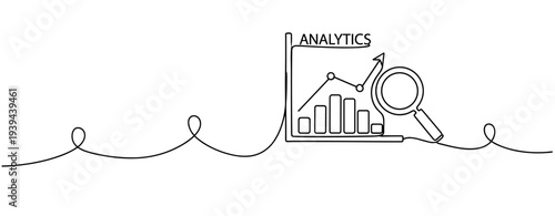 Analytics illustration featuring graphs, charts, and magnifying glass. No editable stroke