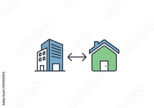Business relocation from commercial office building to residential dwelling concept flat design representation with connecting arrows