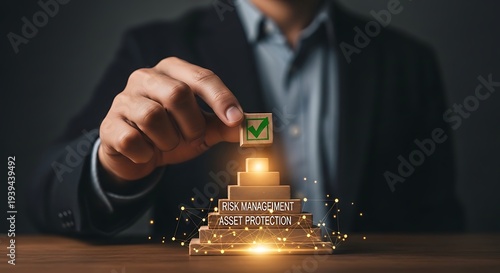 Businessman ensuring risk management and asset protection with checkmark