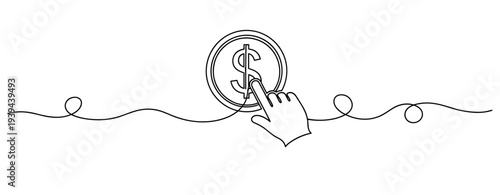 Monochrome illustration of hand clicking dollar symbol for financial growth concept. No editable stroke