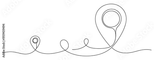 Minimalist continuous line drawing of map location pointers on white background. No editable stroke