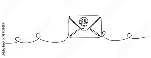 Continuous line drawing of email envelope with at symbol on white background. No editable stroke