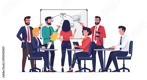 Business team collaborating on project with whiteboard presentation