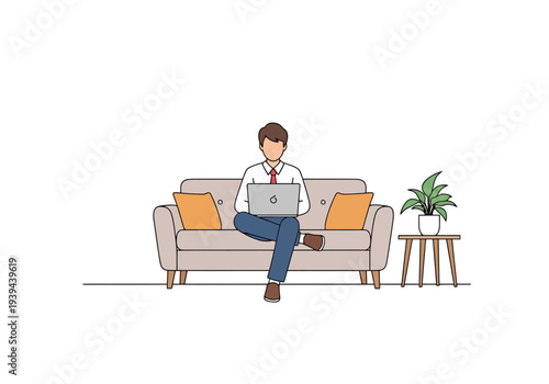 Man Sitting On Sofa Using Laptop Computer Working Remotely From Home Office Setting With Plant And Lamp Decoration