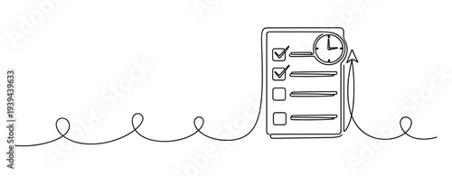 Minimalist line art of checklist with clock symbolizing time management and productivity. No editable stroke
