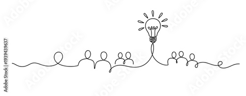 Continuous line drawing of light bulb and people symbolizing ideas and teamwork. No editable stroke