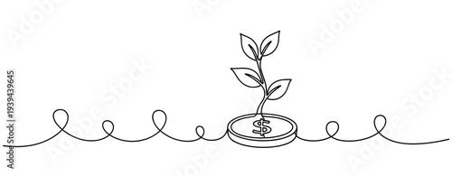 Growth concept: plant growing from coin, symbolizing financial growth and investment success. No editable stroke