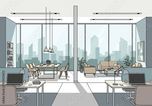 Modern Office Space With Large Windows Offering Panoramic Cityscape Views And Contemporary Furnishings For Productive Work Environments