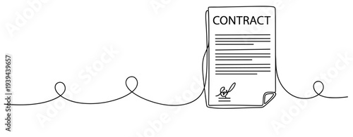 Minimalist line art: contract document with signature on white background. No editable stroke