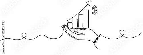 Abstract line art of hand holding growing bar graph with dollar sign. No editable stroke