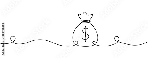 Continuous line drawing of bag with dollar sign and crown symbolizing wealth and success. No editable stroke