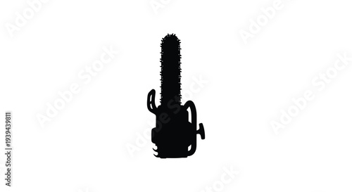 Dark silhouette of a chainsaw against a stark white background silhouette