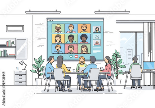 Diverse group of people collaborating remotely via video conference screen in modern office meeting room setting