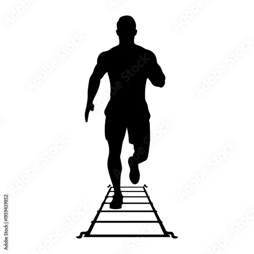 Silhouette of man running agility ladder, fitness exercise vector illustration