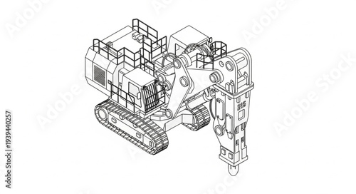 Detailed technical drawing of a complex industrial machine with tracks and mechanical components.