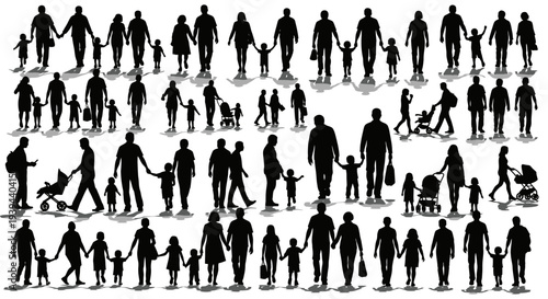 Diverse Family Silhouettes Strolling Together in Outdoor Scenes