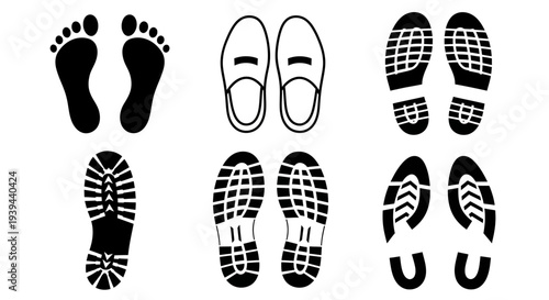 Diverse Footwear and Footprint Silhouettes - Walking and Steps Collection