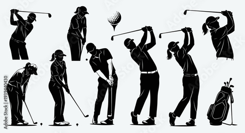 Diverse Golfers Silhouette Collection: Practicing, Swinging, and Playing Golf