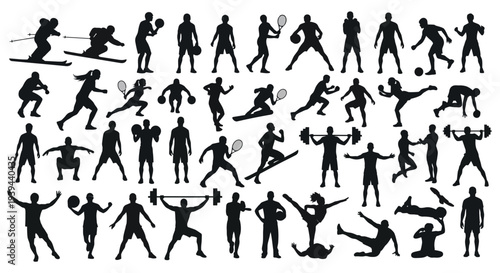 Diverse Group of Athletes Silhouettes Engaged in Various Sports and Fitness Activities