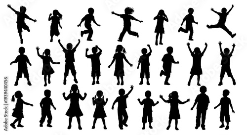 Diverse Group of Children Silhouettes in Dynamic Poses, Celebrating Joy and Activity