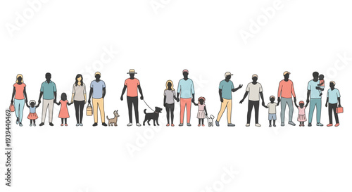 Diverse Group of People and Families Walking Together with Pets and Bags