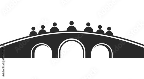 Diverse group of people crossing a stylized bridge, symbolizing unity and teamwork