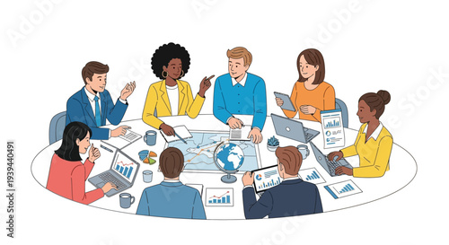 Diverse team collaborating on global business strategy in modern meeting room