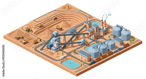 Industrial facility with pipes and machinery on a sandy terrain.