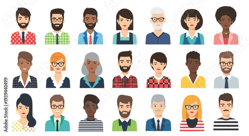 Diverse Group of People Avatars, Representing Various Ethnicities and Genders in Flat Design