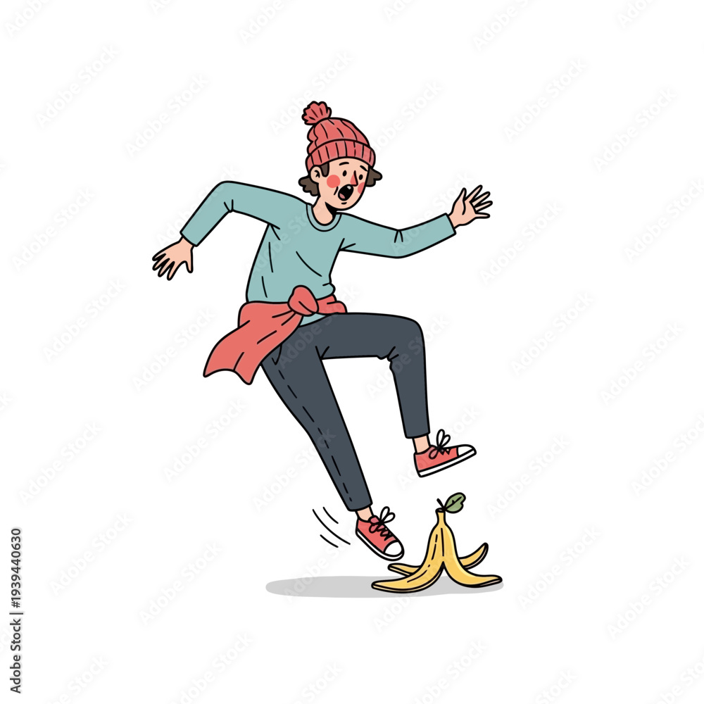 Obraz premium Woman Slipping on Banana Peel Cartoon.