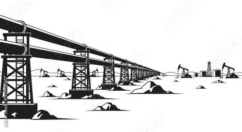 Industrial pipeline infrastructure with construction equipment in a desert landscape.