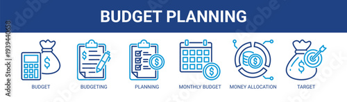 Budget Planning web banner icon vector illustration concept with icons of budget, budgeting, planning, monthly budget, money allocation, and target.