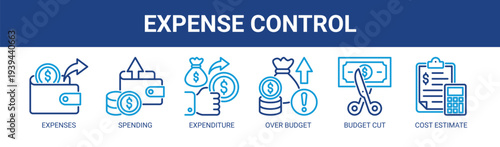 Expense Control web banner icon vector illustration concept with icons of expenses, spending, expenditure, over budget, budget cut, and cost estimate.