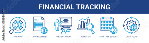 Financial Tracking web banner icon vector illustration concept with icons of tracking, spreadsheet, presentation, analysis, monthly budget, and cash flow.