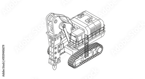 Detailed technical drawing of a heavy machinery excavator with tracks and mechanical arm.