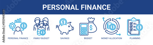Personal Finance web banner icon vector illustration concept with icons of personal finance, family budget, savings, budget, money allocation, and planning.