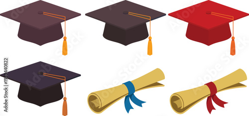 Set of Academic Graduation Caps and Diploma Scrolls with Purple Red and Black Mortarboards for University Graduation Ceremony
