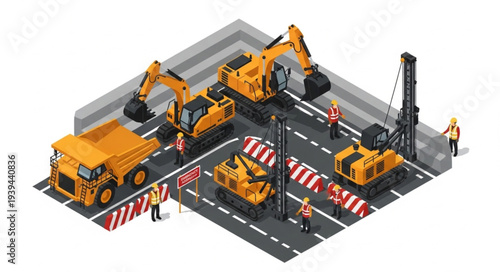 Isometric illustration of road construction site with heavy machinery and workers.