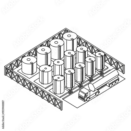 Industrial storage facility with cylindrical tanks and metal framework.