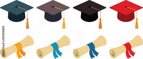 Set of Academic Graduation Caps and Diploma Scrolls with Colorful Mortarboards and Tied Certificates for University Education and Achievement