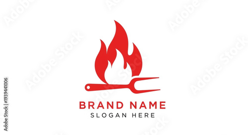 Red flame logo design with fork for barbecue restaurant branding.