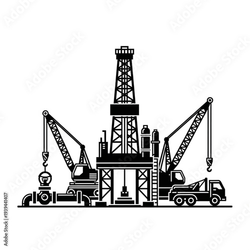 Oil rig with cranes and trucks in operation.