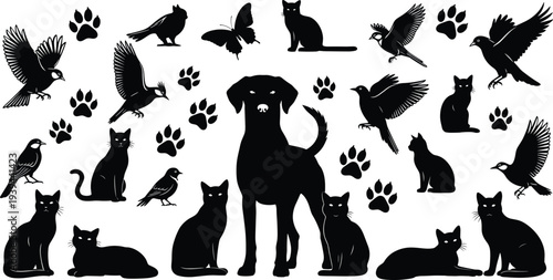 Dog and cat silhouette illustration, animal vector artwork, wildlife paw print design, bird and butterfly sketch, domestic pet silhouette drawing